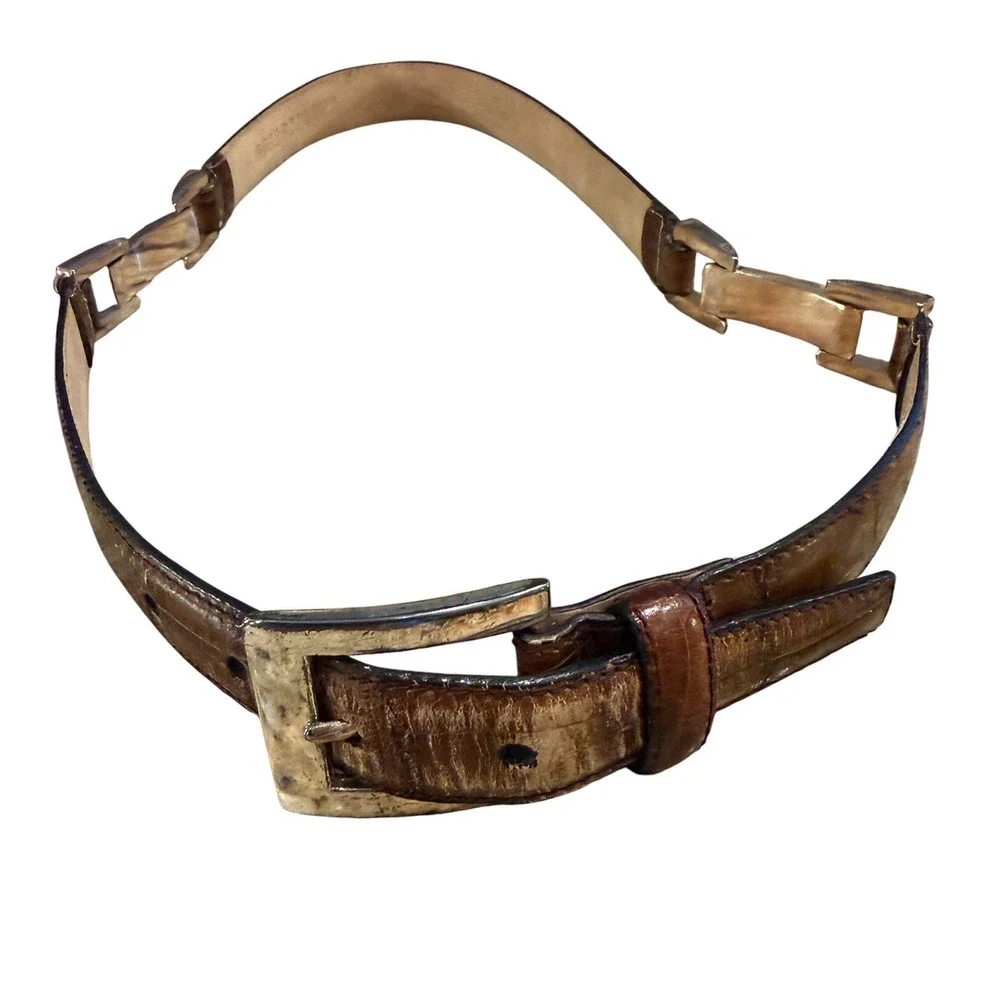 Fossil Vintage Croco‎ Embossed Leather Belt Womens Size S Brown Gold Y2K Cowhide